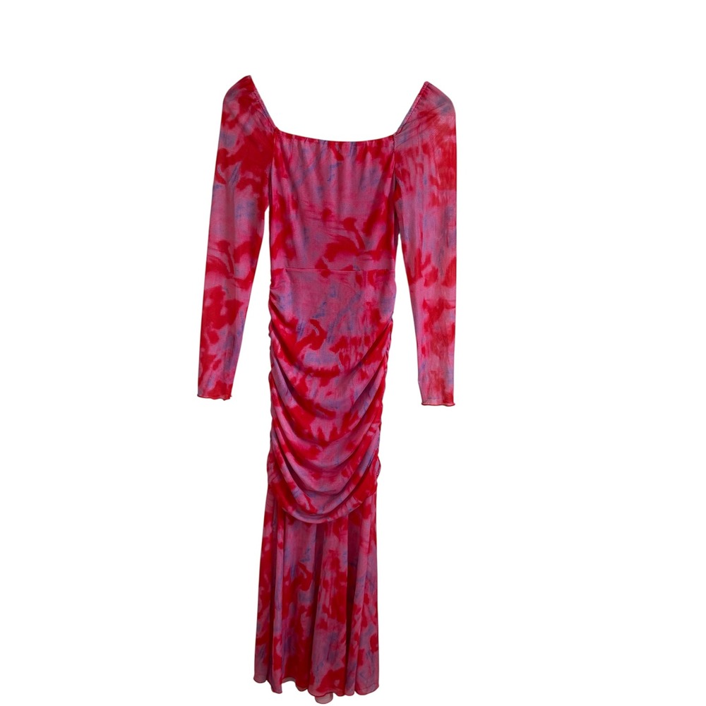 Shein Pink Red Tie Dye Ruched Long Sleeve Midi Dress Women's Size S